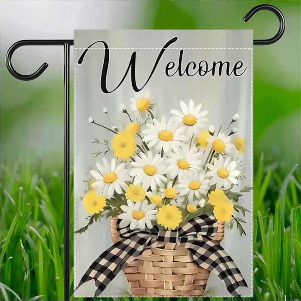 Welcome Garden Flag with Daisies and Basket